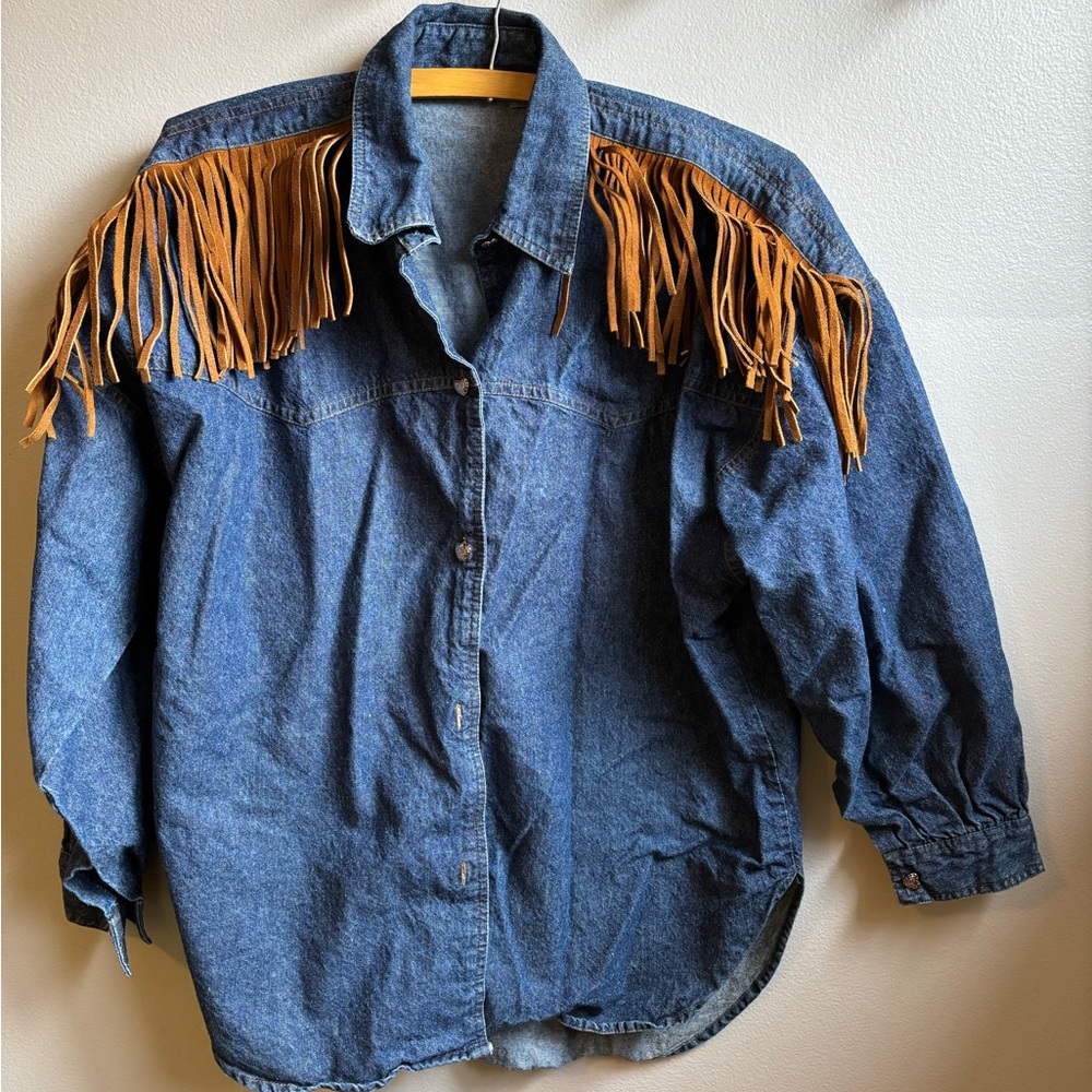 Leather Fringe Button Down Top Denim